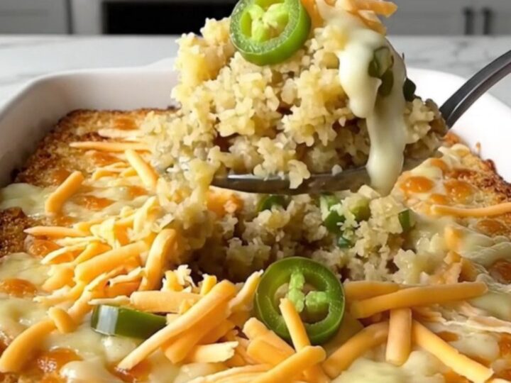 A top-down view of a rectangular baking dish filled with golden cornbread dressing topped with melted cheddar cheese.