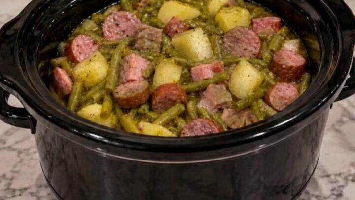 A steaming bowl filled with sliced smoked sausage, tender baby potatoes, and vibrant green beans in a savory broth.