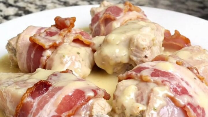 Bacon-wrapped chicken breasts resting in a creamy white sauce inside a matte black slow cooker.