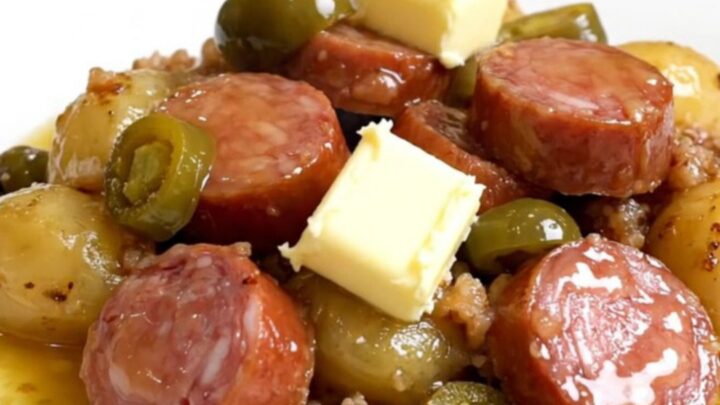 A top-down view of a slow cooker filled with golden potatoes and sliced smoked sausage.