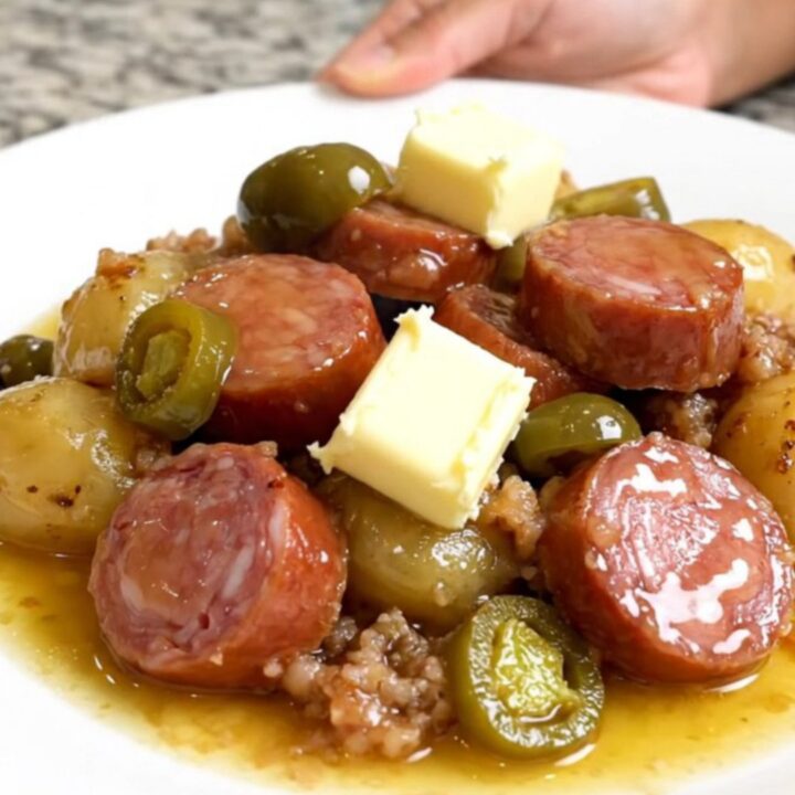 A top-down view of a slow cooker filled with golden potatoes and sliced smoked sausage.