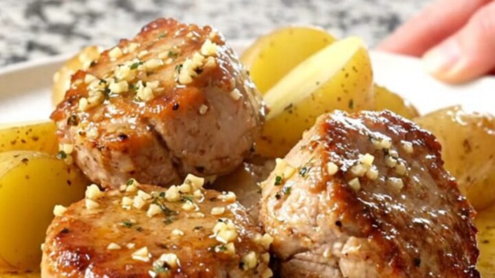 A close-up of tender pork bites and golden potatoes coated in a glistening garlic butter sauce on a white plate.