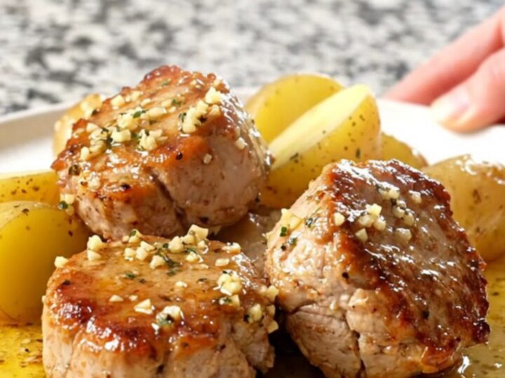 A close-up of tender pork bites and golden potatoes coated in a glistening garlic butter sauce on a white plate.