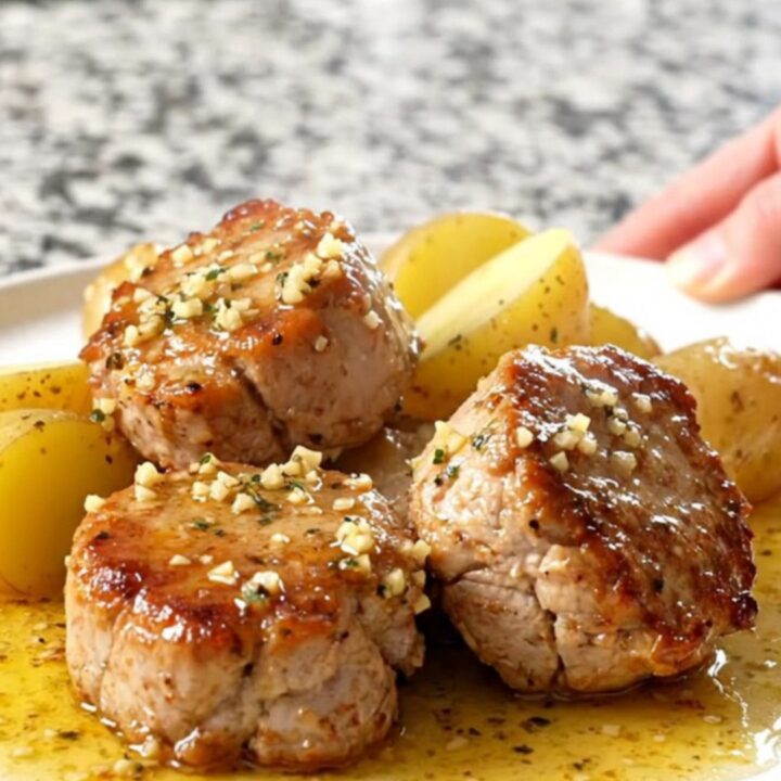 A close-up of tender pork bites and golden potatoes coated in a glistening garlic butter sauce on a white plate.