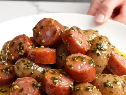 A top-down view of sliced smoked sausage and halved baby red potatoes in a black slow cooker.