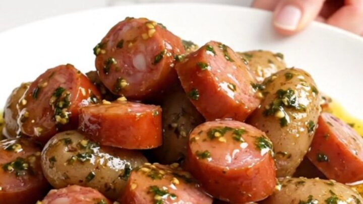 A top-down view of sliced smoked sausage and halved baby red potatoes in a black slow cooker.