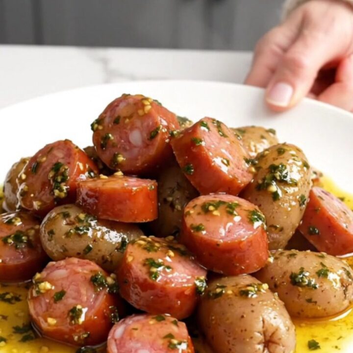 A top-down view of sliced smoked sausage and halved baby red potatoes in a black slow cooker.
