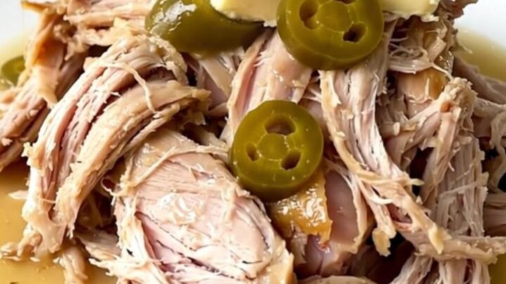 A close-up of a slow cooker filled with a cooked turkey breast, pepperoncini, and rich gravy.