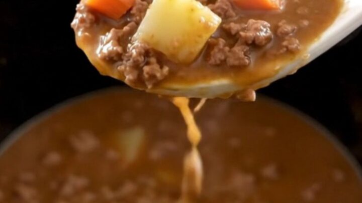 A warm, hearty bowl of slow cooker hamburger stew with chunks of potato, carrots, and ground beef in a rich brown gravy.