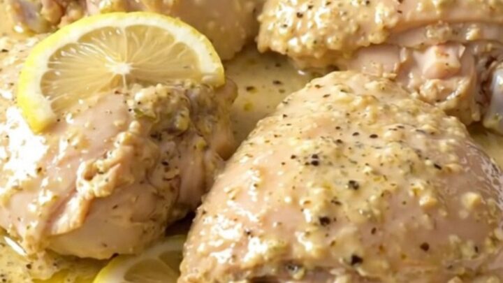 A close-up of tender, creamy lemon pepper chicken thighs served on a white plate.