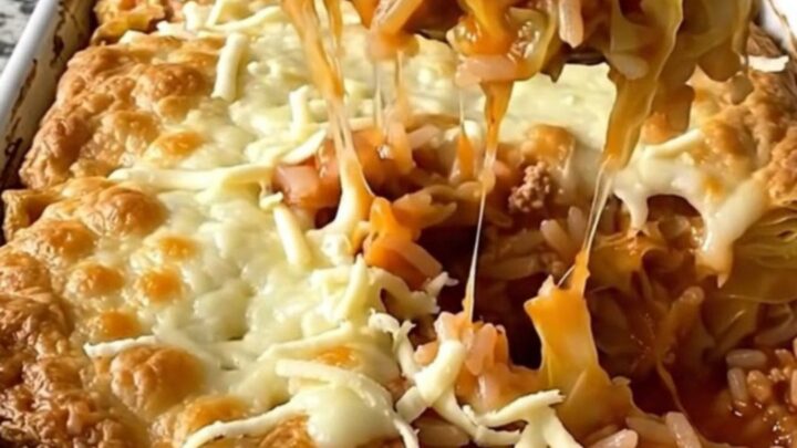 A top-down view of a rectangular baking dish filled with raw cabbage, rice, and ground pork, waiting to be baked.