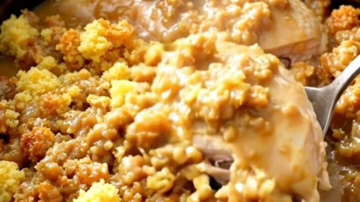 A close-up of slow cooker chicken breasts topped with savory stuffing and gravy in a black ceramic bowl.