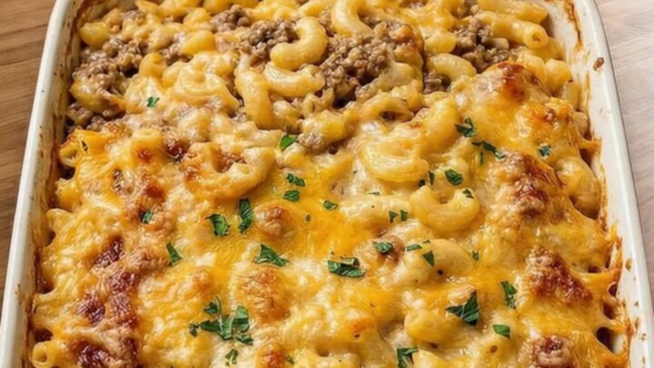 A warm, golden-brown mac and cheese meatloaf casserole in a white baking dish on a wooden counter.