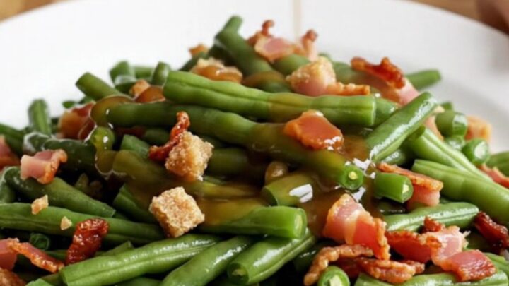 A close-up of tender green beans in a slow cooker, glazed in a brown sugar and soy butter sauce with crispy bacon bits.