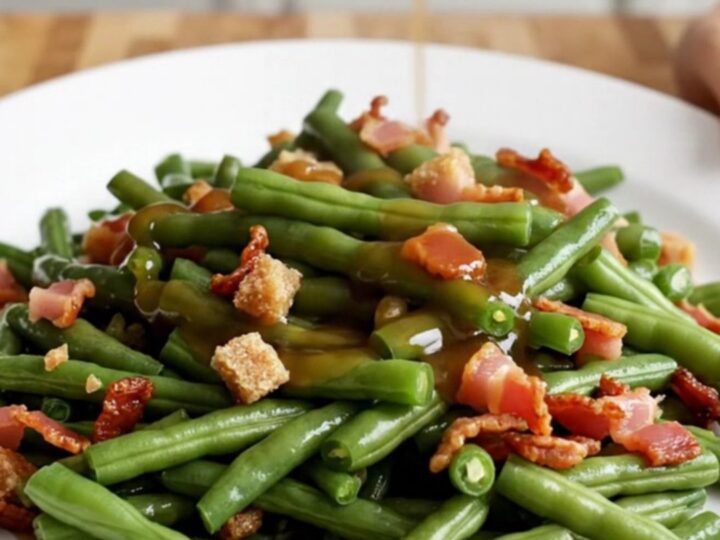 A close-up of tender green beans in a slow cooker, glazed in a brown sugar and soy butter sauce with crispy bacon bits.
