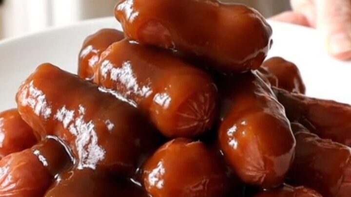 A white ceramic slow cooker filled with glazed hot dog chunks on a wooden counter.