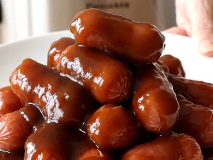 A white ceramic slow cooker filled with glazed hot dog chunks on a wooden counter.