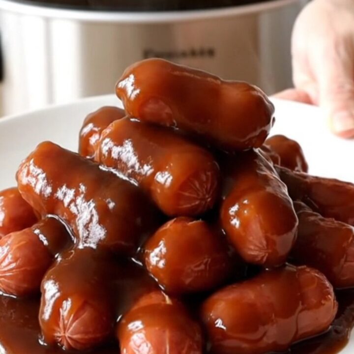 A white ceramic slow cooker filled with glazed hot dog chunks on a wooden counter.