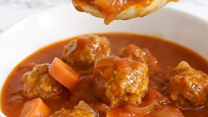 A white bowl filled with turkey meatballs, halved baby potatoes, and carrot coins in a thick, savory tomato-onion gravy.