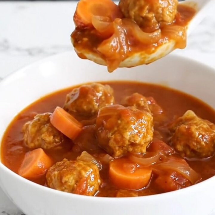 A white bowl filled with turkey meatballs, halved baby potatoes, and carrot coins in a thick, savory tomato-onion gravy.