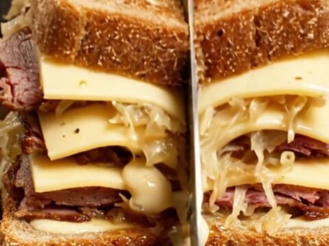 A sky-high pastrami Reuben melt on toasted marble rye with oozing melted Swiss cheese and Russian dressing.