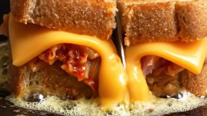 A close-up of a golden-brown tuna melt with a visible sesame seed crust, oozing with melted sharp cheddar cheese.
