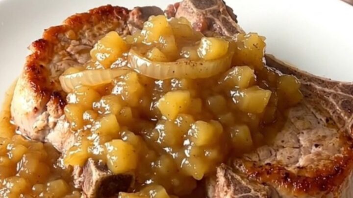A close-up of tender bone-in pork chops topped with chunky applesauce and caramelized onions in a slow cooker.