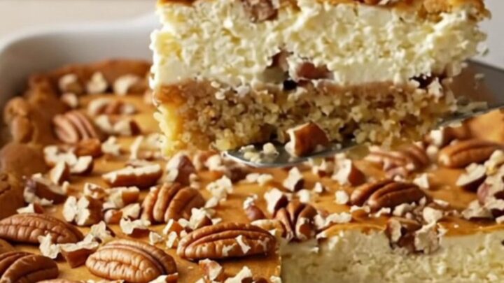 A golden-brown Butter Pecan Gooey Butter Cake in a white rectangular ceramic dish, topped with toasted pecans.