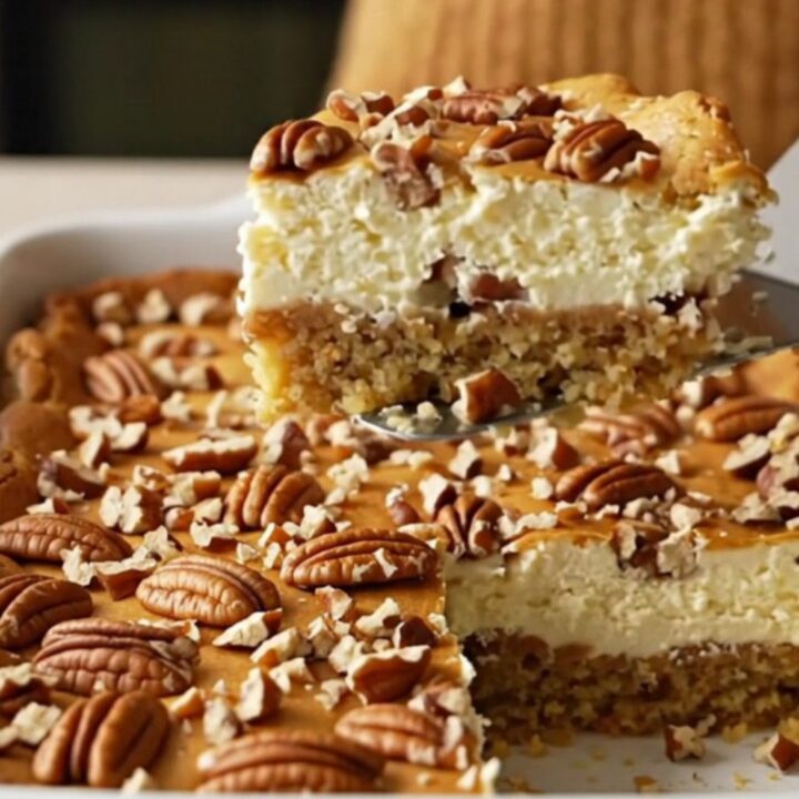 A golden-brown Butter Pecan Gooey Butter Cake in a white rectangular ceramic dish, topped with toasted pecans.