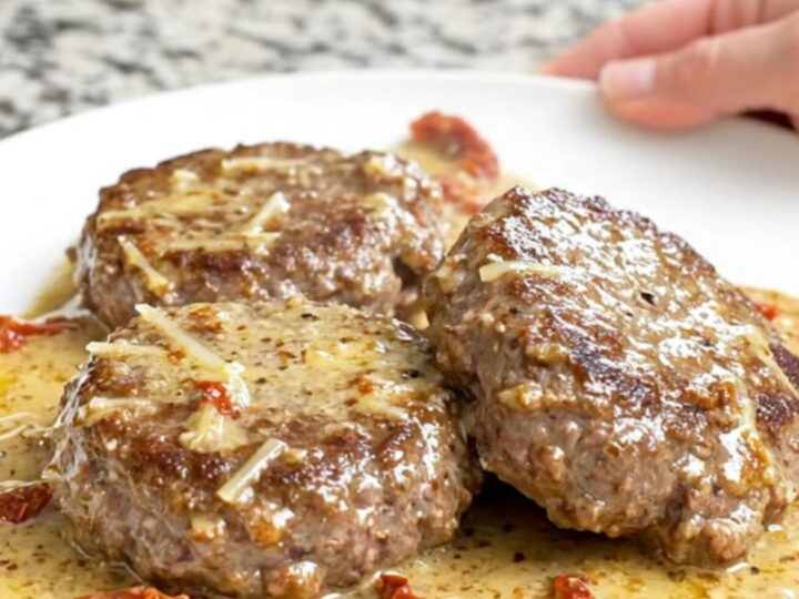 A top-down view of thick, juicy hamburger steaks in a slow cooker topped with sun-dried tomatoes and a creamy sauce.