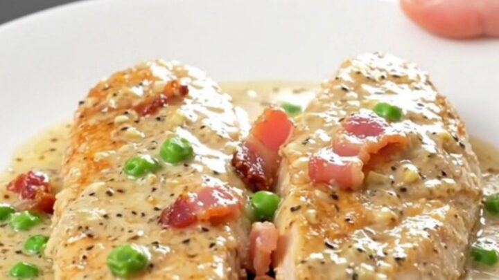 A close-up of tender, braised chicken breasts in a creamy, peppery Parmesan sauce with bacon and peas.