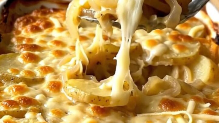 A golden-brown, bubbling French onion potato gratin in a white ceramic baking dish on a wooden counter.