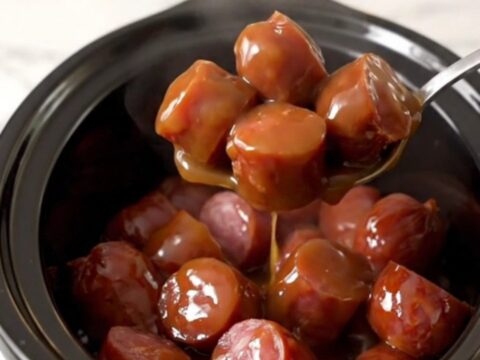 A close-up of thick, glazed kielbasa chunks in a slow cooker, glistening with a dark