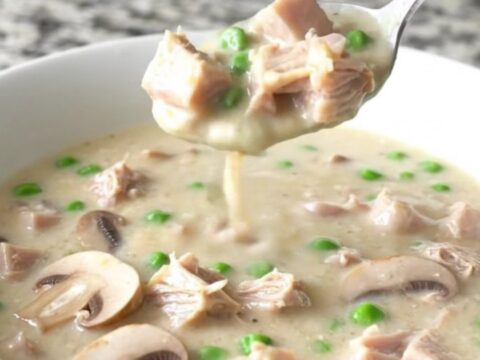 A bowl of creamy turkey alfredo soup with mushrooms and peas on a granite countertop.