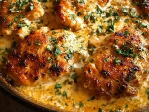 A cast-iron skillet filled with golden seared chicken breasts submerged in a bubbling, herb-speckled Dijon cream sauce.