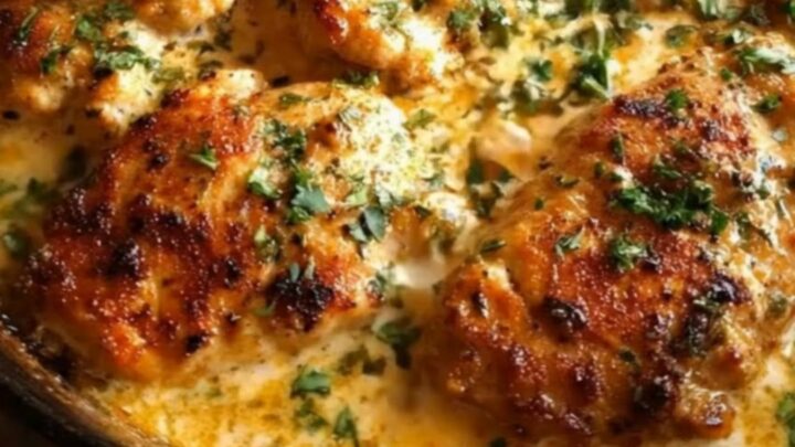 A cast-iron skillet filled with golden seared chicken breasts submerged in a bubbling, herb-speckled Dijon cream sauce.