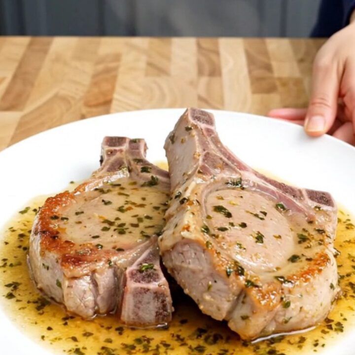 A close-up of tender boneless pork chops in a white slow cooker insert, glazed in a savory-sweet brown sugar and herb sauce.