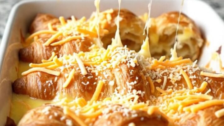 A golden-brown Ham and Cheese Croissant Breakfast Bake in a white ceramic dish.