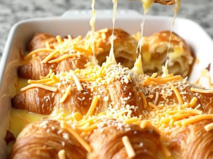 A golden-brown Ham and Cheese Croissant Breakfast Bake in a white ceramic dish.