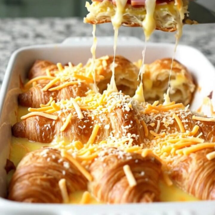 A golden-brown Ham and Cheese Croissant Breakfast Bake in a white ceramic dish.