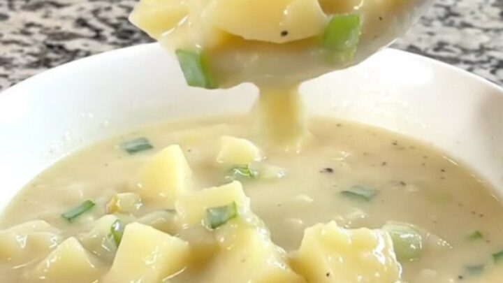 A close-up of a bowl of creamy potato soup garnished with fresh green onions.