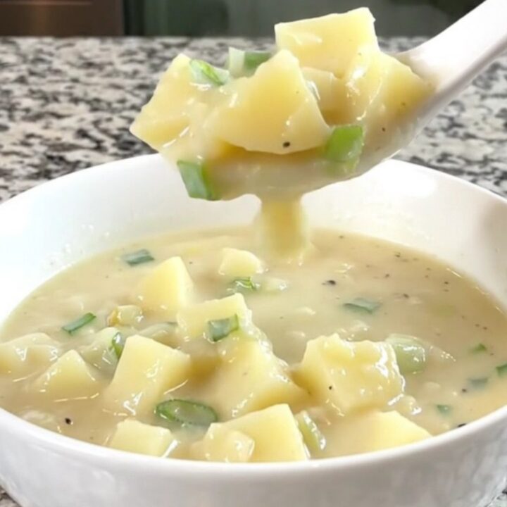 A close-up of a bowl of creamy potato soup garnished with fresh green onions.