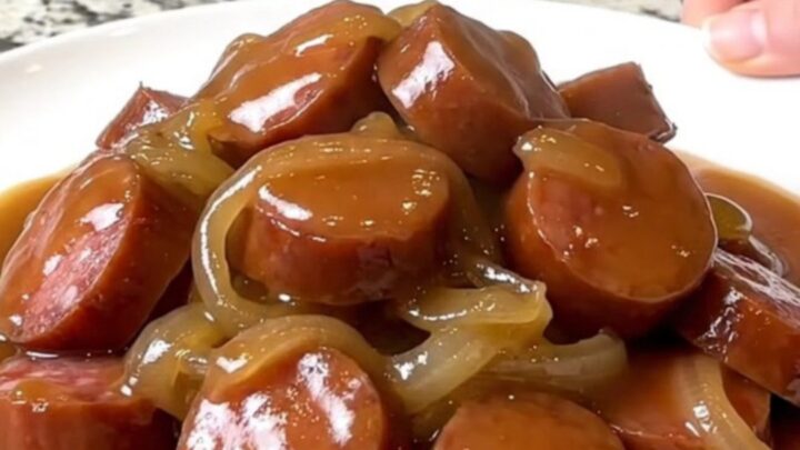 A close-up of a slow cooker filled with sliced smoked sausage, cubed gold potatoes, and onions in a rich