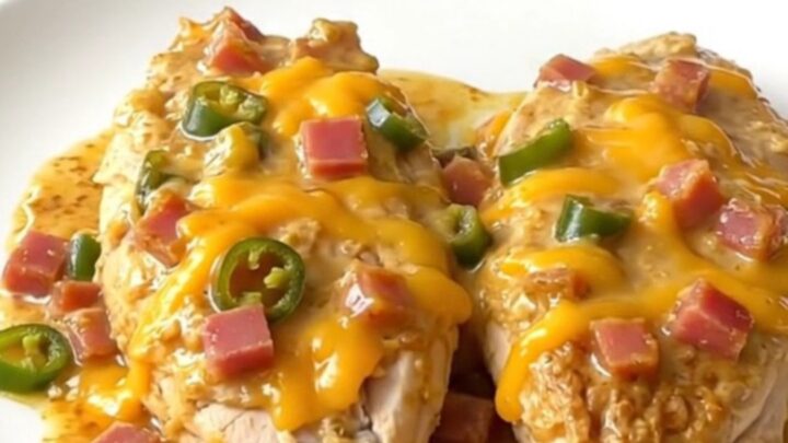 A top-down view of creamy Mississippi Sin Chicken in a slow cooker with melted cheese and ham.