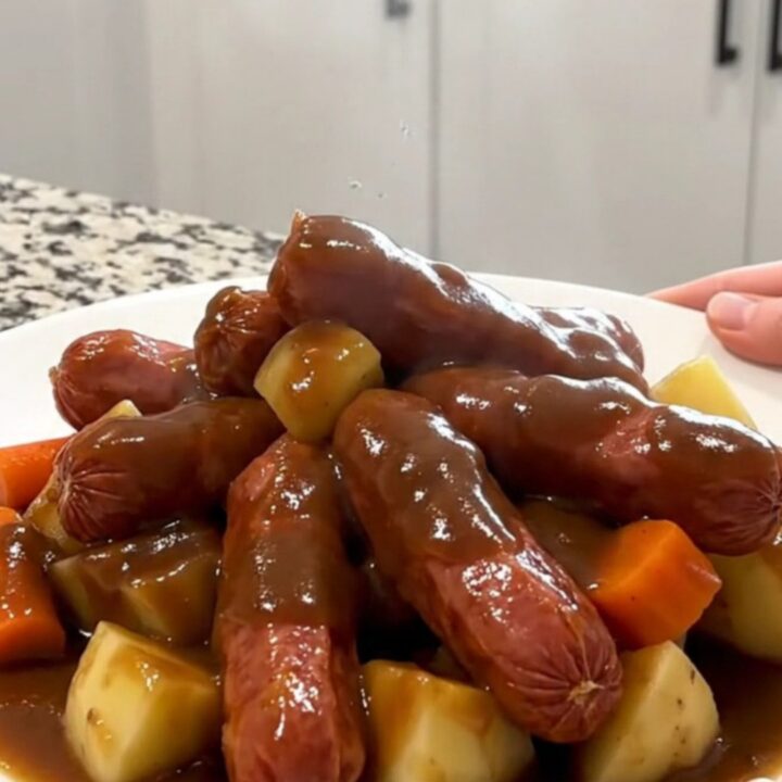 A rustic, overhead shot of a slow cooker filled with kielbasa, potatoes, and carrots in a rich gravy.