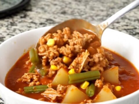 A close-up of a bowl of turkey hobo stew with vegetables in a rich tomato sauce.
