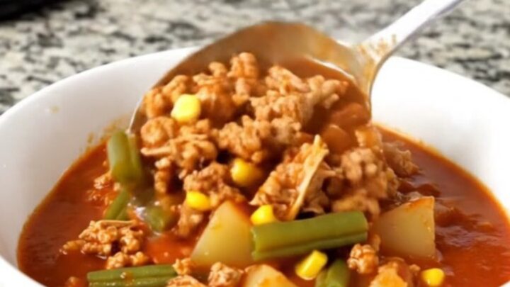 A close-up of a bowl of turkey hobo stew with vegetables in a rich tomato sauce.