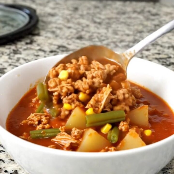 A close-up of a bowl of turkey hobo stew with vegetables in a rich tomato sauce.