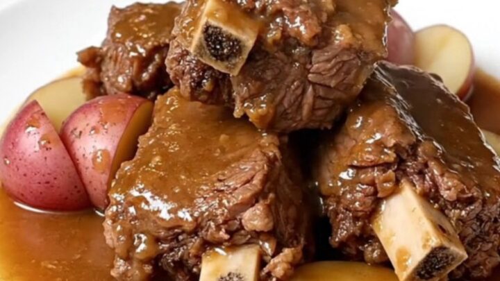 A plate featuring tender bone-in beef short ribs with halved red potatoes and onion gravy.