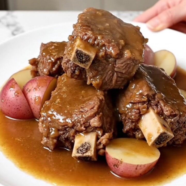 A plate featuring tender bone-in beef short ribs with halved red potatoes and onion gravy.